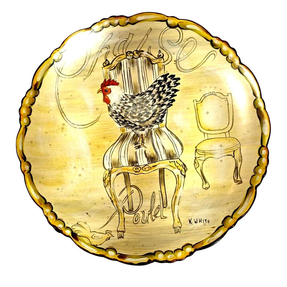 K White Chicken Plate Hand Painted French Country Ceramic VTG Y2k Cottagecore